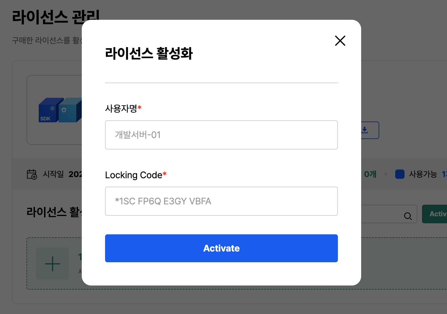 License activation input screen